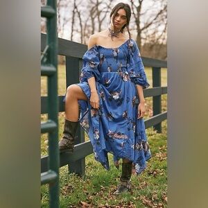 Free People Morning Glory Festival Floral BoHo Beachy Smocked Prairie Maxi Dress